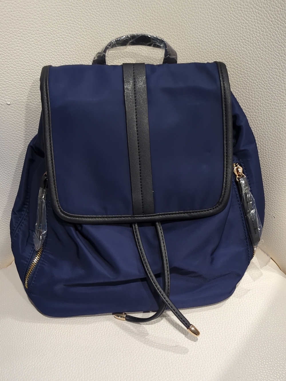 Navy Blue Women's Nylon Drawstring Backpack with Flap